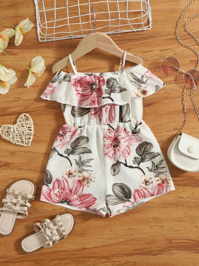 SHEIN Baby Girl Floral Print Cold Shoulder Romper