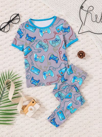 Young Boy Video Game Controller Pattern Short Sleeve T-Shirt And Pants Set, Tight-Fitting Home Clothes