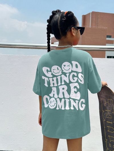 SHEIN Kids Cooltwn Tween Girls' Knitted Letter Print Loose Round Neck Short Sleeve T-Shirt For Sports And Casual Wear