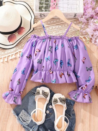 SHEIN Kids SUNSHNE Girls' Sleeveless Butterfly Print Shirt With Ruffled Hemline