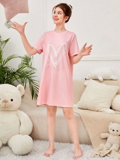 SHEIN Girls' Knit Solid Color Heart Pattern Casual Home Wear Jumpsuit Dress