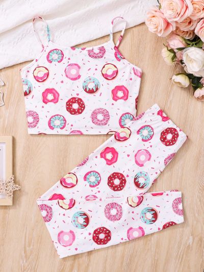 SHEIN Teenage Girls' Knitted Doughnut Patterned Camisole Top And Pants Homewear Set