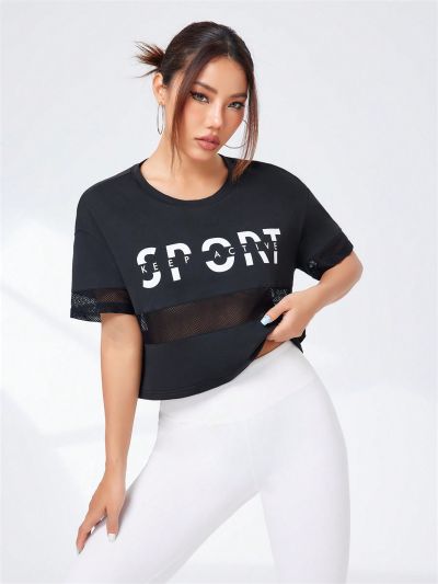 Letter Print Mesh Patchwork Short Sleeve Sport T-Shirt