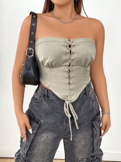SHEIN ICON Plus Size Women'S Eyelet Lace Up Irregular Hem Bandeau Top