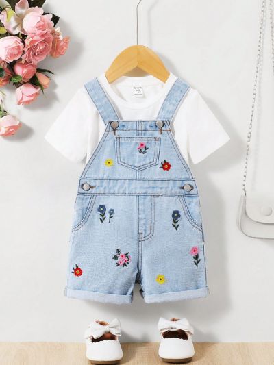 SHEIN Baby Girl Adorable Embroidered Denim Romper