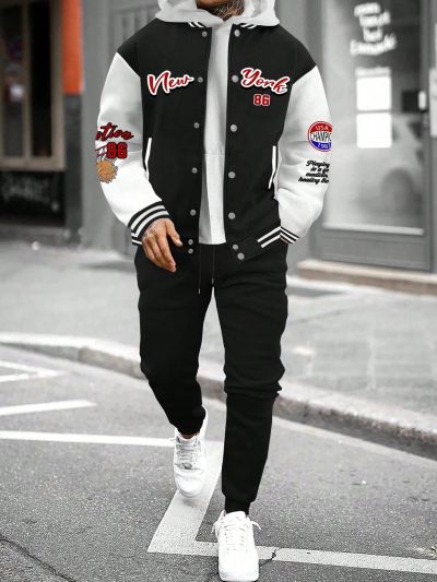 Men'S Letter Printed Color Collision Baseball Jacket And Pants Set