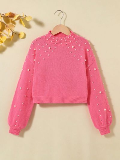 SHEIN Kids FANZEY Tween Girls' Casual Loose Fit Stand Collar Sweater With Pearl Decorated Pullover