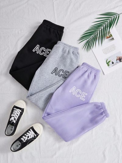 SHEIN Kids EVRYDAY Tween Girls Knitted Solid Color Loose Fit Tapered Jogger Pants Set With Letter Print, 3pcs