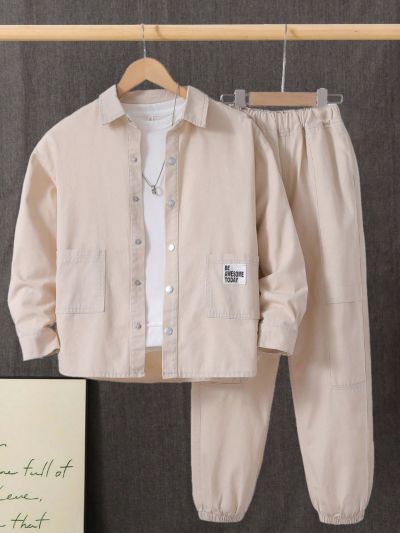 Boys' Casual Comfortable Loose Fit Long Sleeve Denim Shirt And Jeans Set With Double Pockets