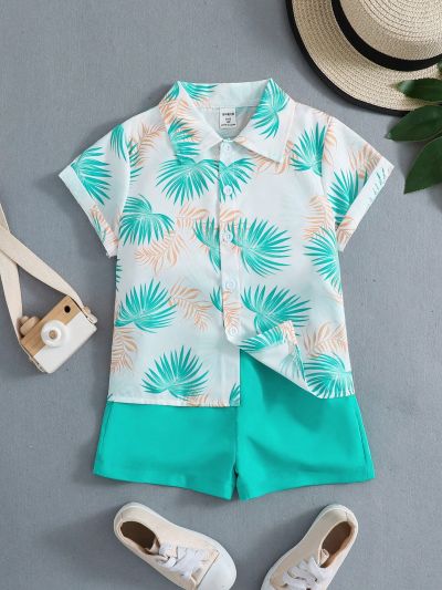 2pcs Young Boys' Palm Leaves Print Short Sleeve Shirt And Casual Shorts Set For Summer Vacation