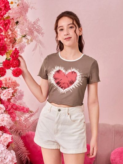 Teenage Girls' Heart Pattern Printed T-shirt