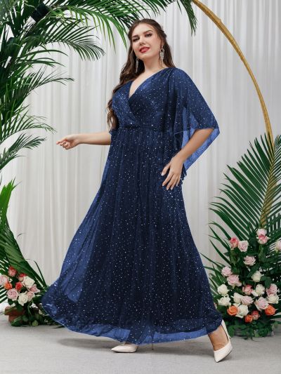 Plus Overlap Collar Flutter Sleeve Glitter Formal Dress