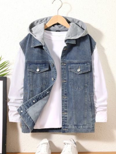 SHEIN Boys' Drawstring Hooded Denim Vest, For Children Aged 8-16