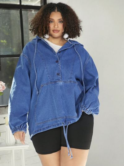 SHEIN CURVE+ Plus Size Women's Hooded Casual Denim Jacket