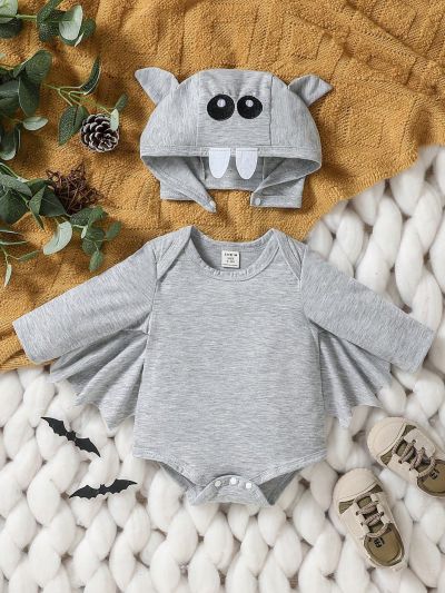Funny Newborn Baby Bat Wing Sleeve Bodysuit With Hat, Cute & Playful Party Costume