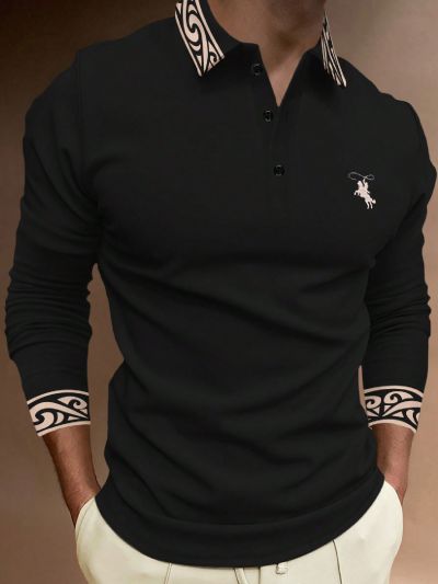 Manfinity Men'S Horse Rider Pattern Printed Long Sleeve Polo Shirt