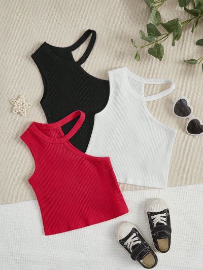 SHEIN Kids HYPEME 3pcs Toddler Girls' Solid Color Tops With Asymmetric Neckline