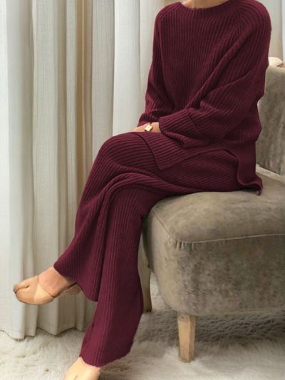 Plus Size Solid Color Casual Sweater Set