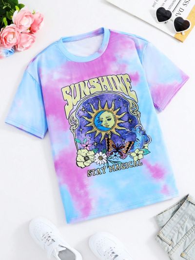 Teen Girls' Tie Dye Sun, Moon, Face Printed T-Shirt