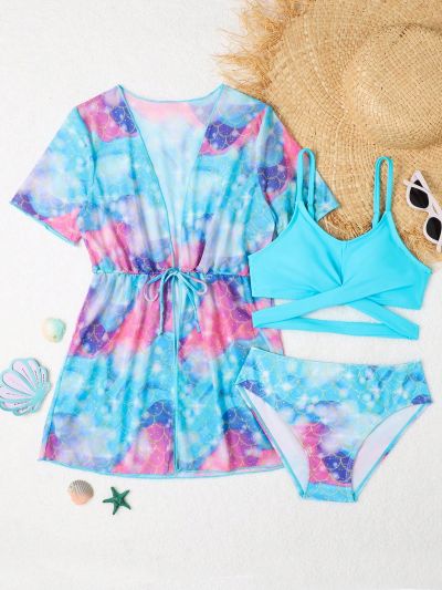 Girls' (big) Blue Tie Dye Strappy Tankini Set With Thin Shoulder Straps