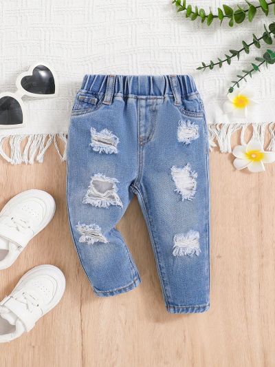 SHEIN Baby Girls' Comfortable And Soft Elastic Waist Water-Washed Ripped Jeans