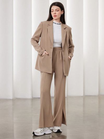 SHEIN Mulvari Lapel Collar Double Pocket Suit Jacket And Pants Set