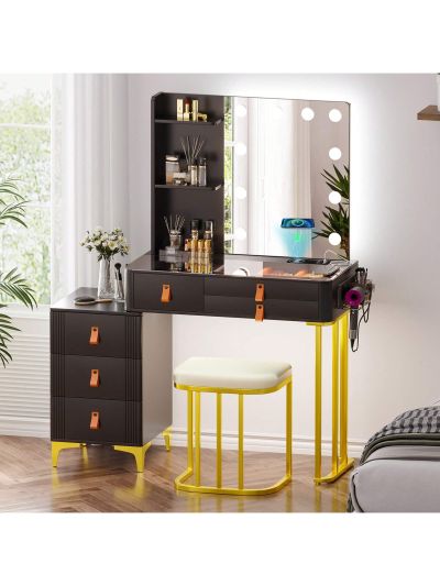 Gurexl Vanity Desk with Wireless Charging Station, Dressing Table with Lighted Mirror & 3 Lighting Modes Adjustable Brightness, Glass Top Makeup Vanity Table Set with 6 Drawers & Stool