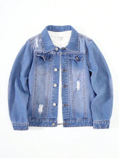 SHEIN Boys' Casual Non-stretch Irregularly Ripped Denim Jacket