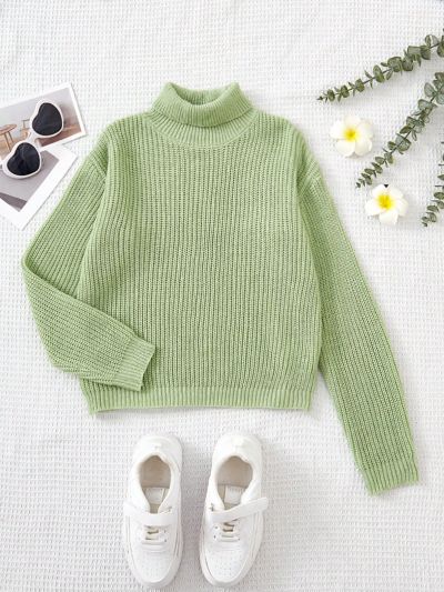 SHEIN Kids KDOMO Older Girls' Preppy Style Loose Long-sleeved Turtleneck Pullover Sweater