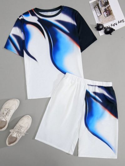 SHEIN Teen Boys' Casual Digital Abstract Print Short Sleeve Top And Shorts Set