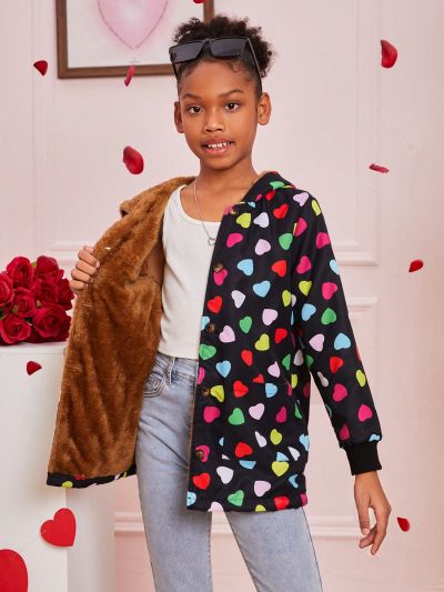 SHEIN Kids Nujoom Heart Print Teddy Lined Hooded Coat