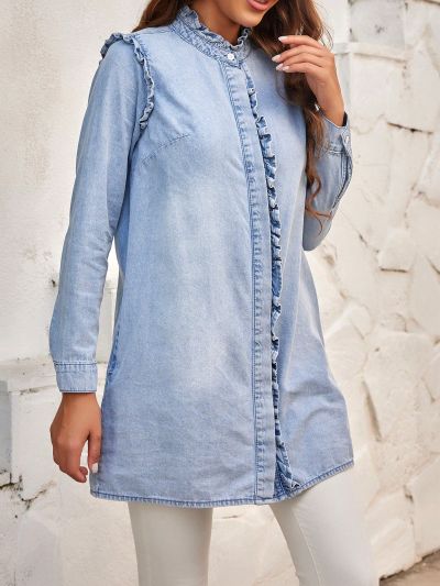 SHEIN LUNE Women'S Denim Dress With Frill Stand Neck