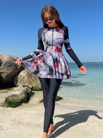 SHEIN Swim Mulvari Women's Long Sleeve One Piece Swimsuit With Tropical Plant Print