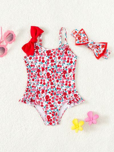 Baby Girl Floral Print One-Piece Swimsuit With Headband For Summer Beachwear