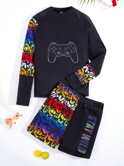SHEIN Teenage Boys' Splicing Digital Print Cartoon Colorful Slim Fit Swimwear Set
