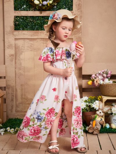 SHEIN Kids SUNSHNE Toddler Girls Floral Print Off Shoulder Ruffle Trim Overlay Romper