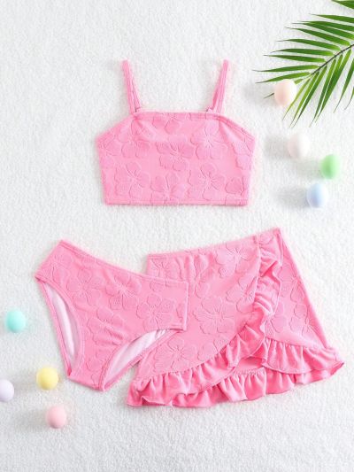 Young Girl's 3pcs/Set Bikini Swimsuit With Random Flower Printed, Ruffle Edge Detail