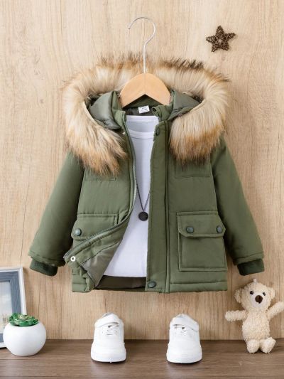 SHEIN Baby Boy's Thickened Warmth Detachable Hooded Parka With Collar, Autumn & Winter