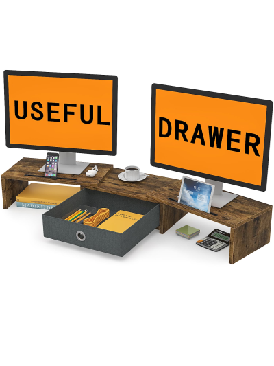Dual Monitor Stand Riser with Drawer, Adjustable Length and Angle Monitor 2 Solts for Phone & Tablet, Desktop Organizer Stand for Computer/Laptop/PC/Printer