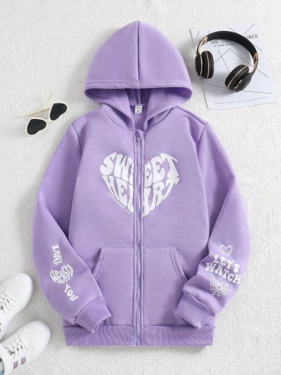 SHEIN Teenage Girls' Heart Print Spider Web Hoodie With Kangaroo Pocket And Zipper Closure, Pullover