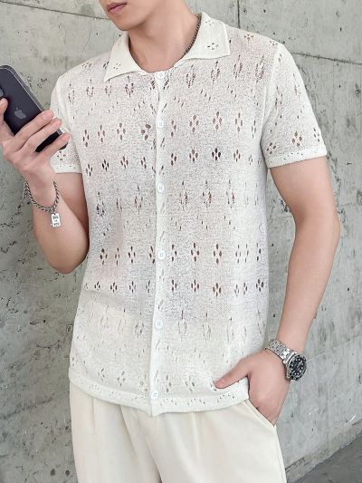 Men's Hollow Out Short Sleeve Cardigan With Open Front