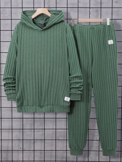 Men's Green Striped Ribbed Hooded Long Sleeve Top And Long Pants Set
