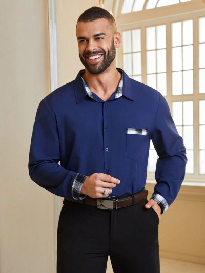 Manfinity Mode Men'S Plus Size Plaid Patchwork Long Sleeve Shirt