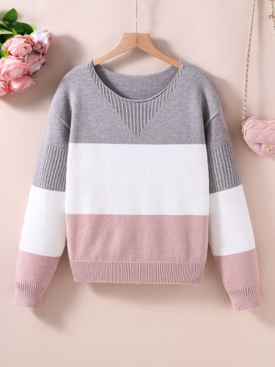 Teen Girls' Simple & Fashionable Striped & Two Tone Color Pullover Sweater