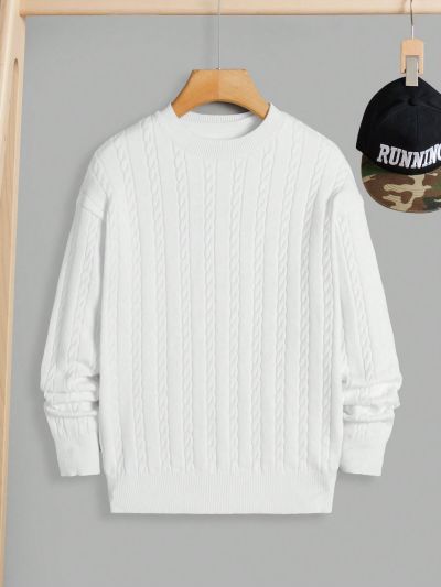 SHEIN Boys' Solid Color Round Neck Drop Shoulder Cable Knit Sweater