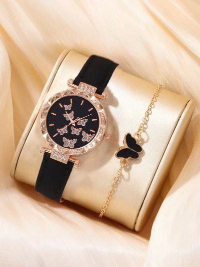 Butterfly Cartoon Printed Leather Girls' Watch And Bracelet Gift Set, 2pcs