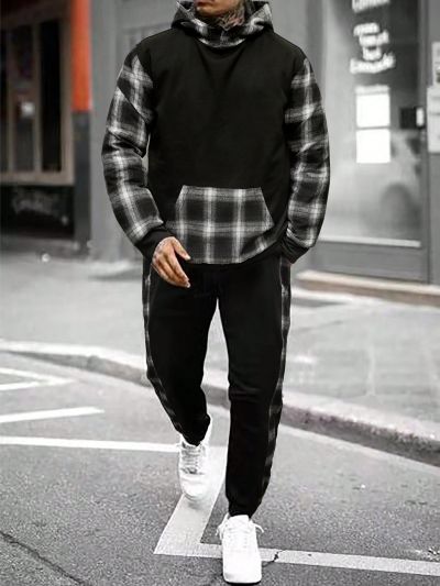 Manfinity Homme Men's Black Plaid Hooded Sweatshirt And Sweatpants Set