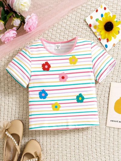 SHEIN Kids SUNSHNE Young Girl Knitted Striped Floral Printed Round Neck Close-Fitted Casual T-Shirt