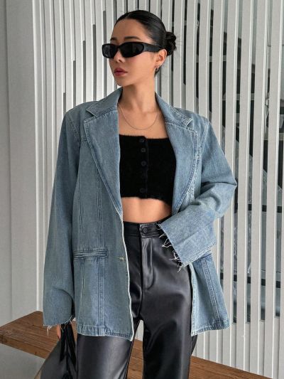 Dazy Star Suit Collar Distressed Edge Denim Jacket