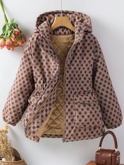 Big Girls' Thickened Casual Long Sleeve Hooded Jacket With Print